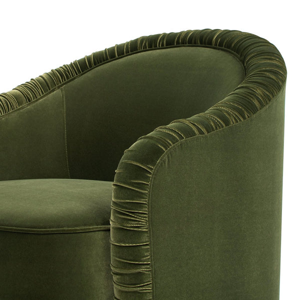 English Elm Jennifer Taylor Home - Serena Olive Green Performance Velvet Barrel Back Accent Chair with Ruched Texture & Bullion Fringe Elegance B2719P355285