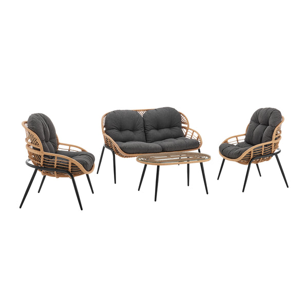 English Elm Pine 4-Piece Conversation Set with UV-Resistant Waterproof Fabric, Removable Cushions & Glass Top Grey B365P397655