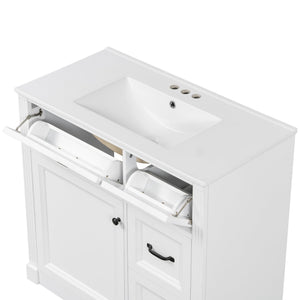 English Elm 36 Inch Bathroom Vanity With Sink – Modern Design, Soft-Close Drawers & Adjustable Storage Shelf, White Finish N725P336549K