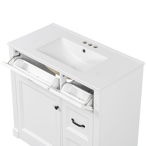 English Elm 36 Inch Bathroom Vanity With Sink – Modern Design, Soft-Close Drawers & Adjustable Storage Shelf, White Finish N725P336549K