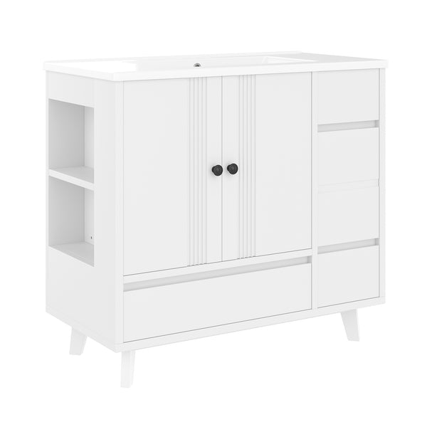 English Elm 36" Freestanding Bathroom Vanity Solid Wood Cabinet Ceramic Basin Four Drawers White W1580P382510