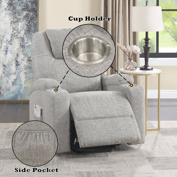 English Elm Light Gray Plush Chenille Recliner with Power Lift, Massage, Dual Cup Holders & Pocket Coil Comfort B2726P405681
