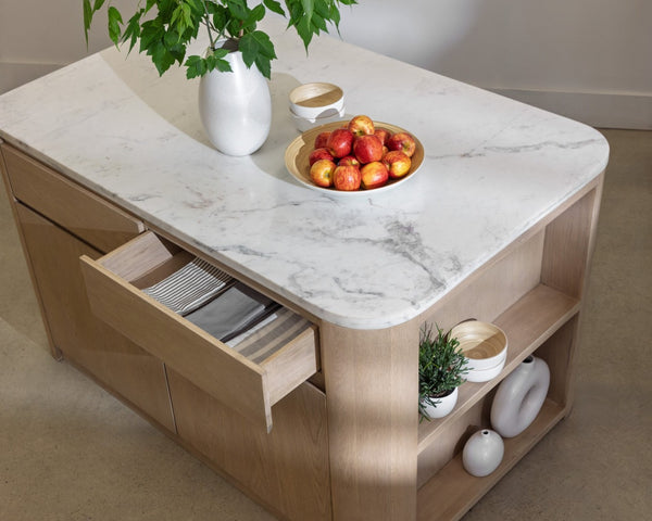 Sunpan ROMILLY Kitchen Island with White Marble Top - Elegant 62" Oak Base & Smart Storage Solution 112362