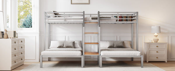 English Elm Metal Triple Bunk Bed Space-Saving Twin over Twin & Twin Design with Staircase Storage Shelves, Durable Metal Frame Silver GX001115AAN