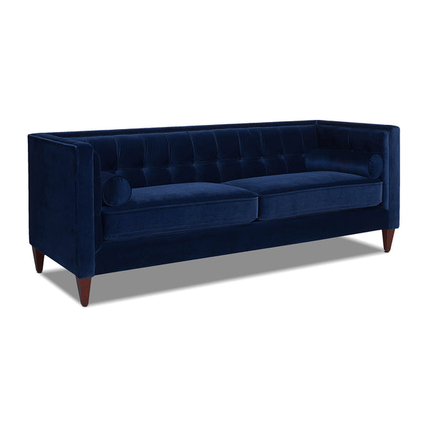 English Elm Jennifer Taylor Home - Jack 84" Modern Tuxedo Tufted Sofa in Plush Velvet with Shelter Arms, Reversible Cushions, Pillows Navy Blue B2719P238403