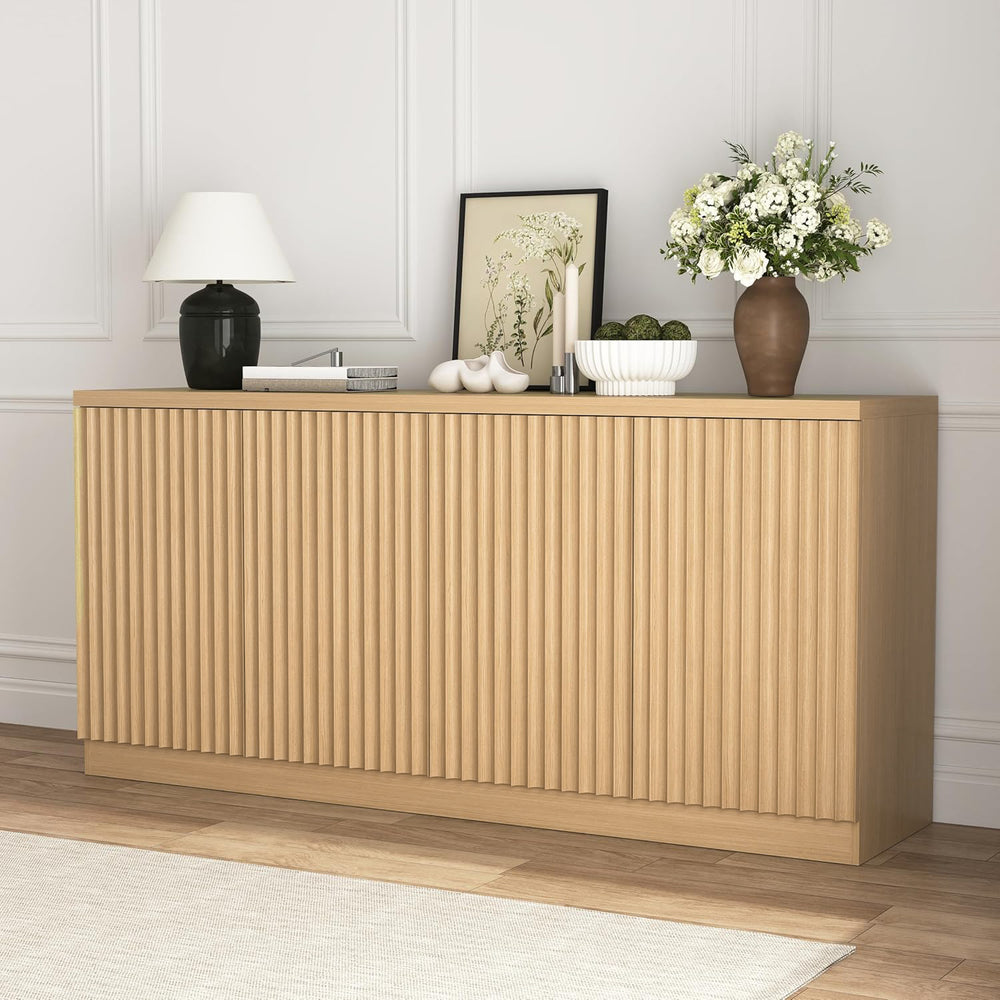 English Elm Buffet Credenza with Four Door Enclosed Shelving Natural Wood Finish Dining Hallway W409P327404