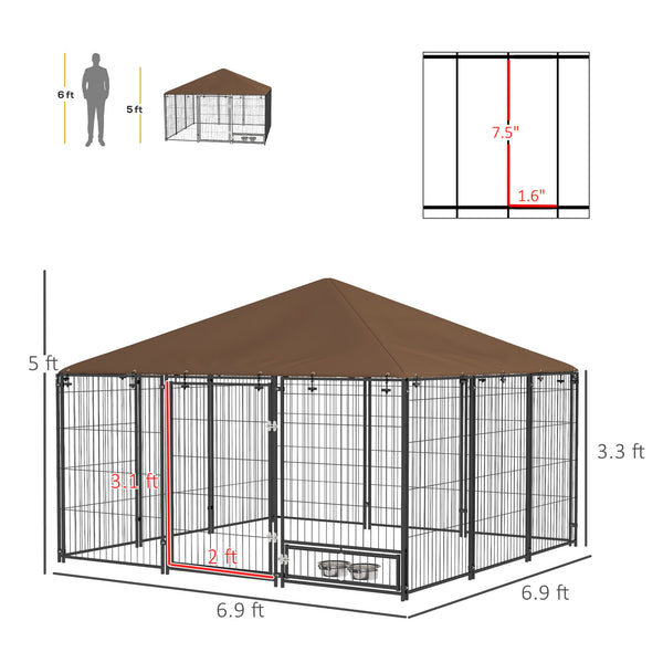 English Elm Pawhut Outdoor Steel Wire Dog Kennel with Canopy Roof and Rotating Feeding Bowl W2225P229078