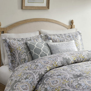 English Elm 6 Piece Cotton Comforter Set - Elegant Grey Damask King Bedding With Decorative Pillows & Bedskirt B03595746