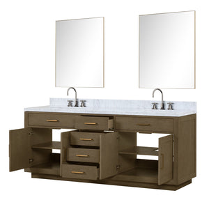 English Elm Grey Oak Double Bath Vanity With Carrara Marble Top, Chrome Faucets & Mirrors - Elegant Storage Solution B2731S01820