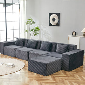 English Elm L-shaped Modular Sectional with Ottoman Corduroy Upholstery Four Seat Living Room Sofa Dark Gray W2699S00092