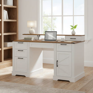 English Elm 59" Fluted Oak L-shaped Corner Desk with Charging Station Monitor Stand and File Storage White W2917S00006