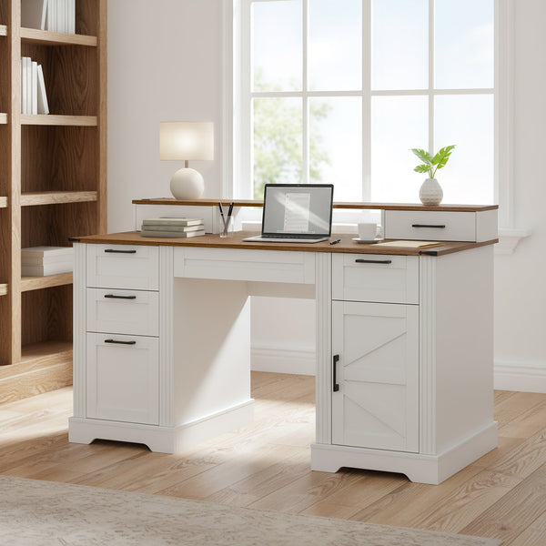 English Elm 59" Fluted Oak L-shaped Corner Desk with Charging Station Monitor Stand and File Storage White W2917S00006