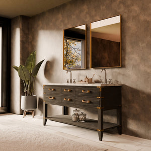 English Elm Black Oak Double Bath Vanity With Carrara Marble Top, Dual Mirrors & Ample Storage For Elegance B2731S02161