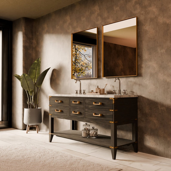 English Elm Black Oak Double Bath Vanity With Carrara Marble Top, Dual Mirrors & Ample Storage For Elegance B2731S02161