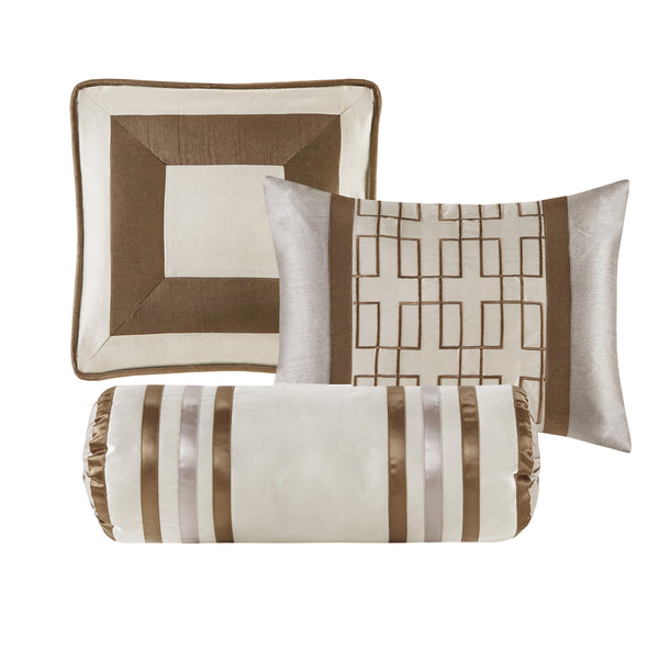 English Elm 7 Piece Comforter Set - Elegant Taupe And Brown California King Ensemble With Decorative Pillows B03597134