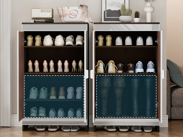 English Elm Elegant Mirrored Cabinet with Frosted Glass Carvings, Vertical Shoe Storage, Silver Handles 49x16x8" W760P196538