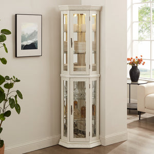 English Elm Lighted Corner Curio Cabinet - Elegant Glass Display With Adjustable Shelves & Bead Bulb Lighting - White W1758P300131