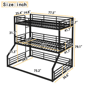 English Elm Twin Triple Metal Bunk Bed Matte Powder Coated Frame with Full Safety Guardrails Black W1580S00584