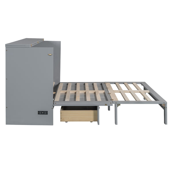 English Elm Queen Murphy Wall Bed with Usb Ports Storage Drawers and Cabinet Style Panel Front Gray N708S00010E