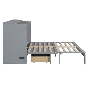English Elm Queen Murphy Wall Bed with Usb Ports Storage Drawers and Cabinet Style Panel Front Gray N708S00010E-1