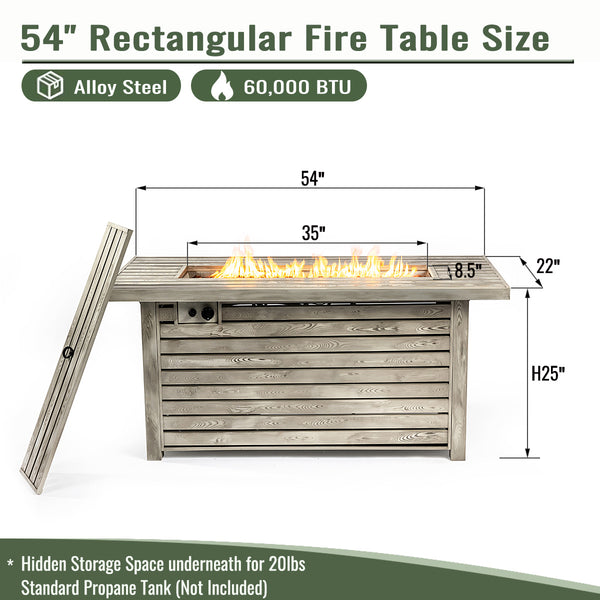 English Elm 54" 50000BTU Propane Fire Table - 54in Steel Patio Fire Pit Table with Wood Grain Finish, ETL Safe, Lid Included W853P166783