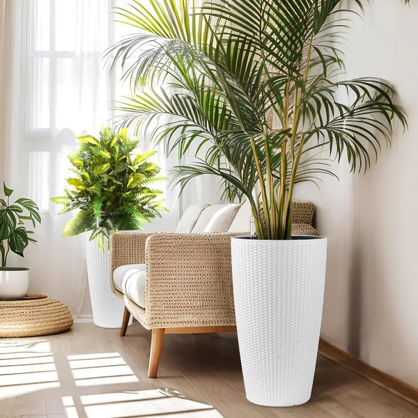 English Elm Set of 2 Faux Rattan Tall Outdoor Planters with Auto Watering and Level Monitor W3213P311467