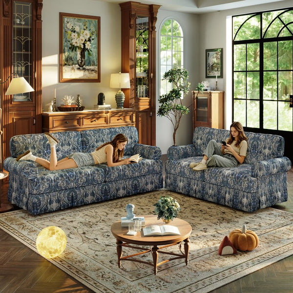 English Elm Luxuriously Deep Chenille Sofa with Pleated Skirt and Rolled Arms for Living Rooms Blue Floral W1885S00295