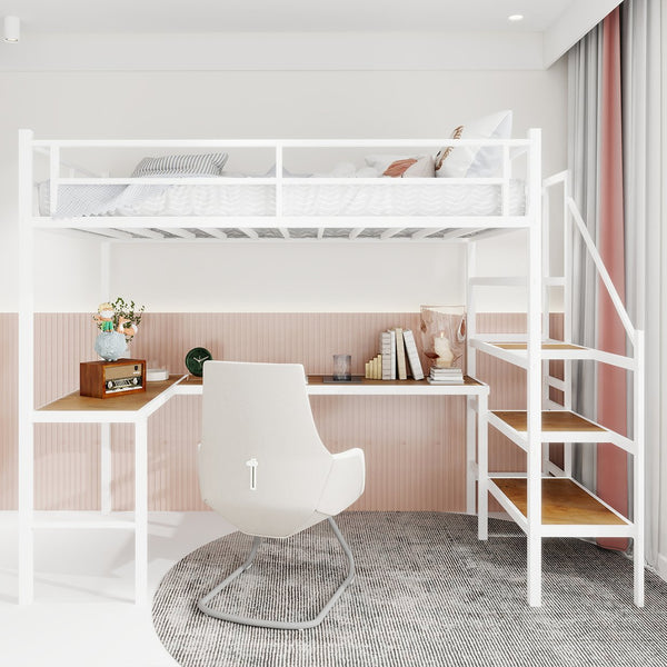 English Elm Loft Bed with L-shaped Desk Stair Storage and Full Guardrail Iron Frame White W1935S00008