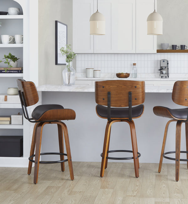 English Elm Fixed-height Swivel Counter Stools with Faux Leather Seats and Chrome Footrest Set of 2 B202S01837