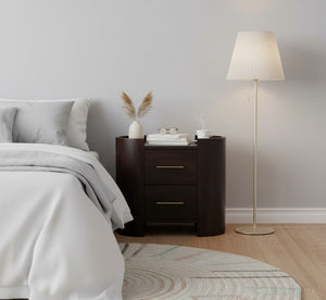 English Elm Artisan Solid Mango Wood Nightstand Curved Sculptural Design with Mocha Velvet Finish B182P431459