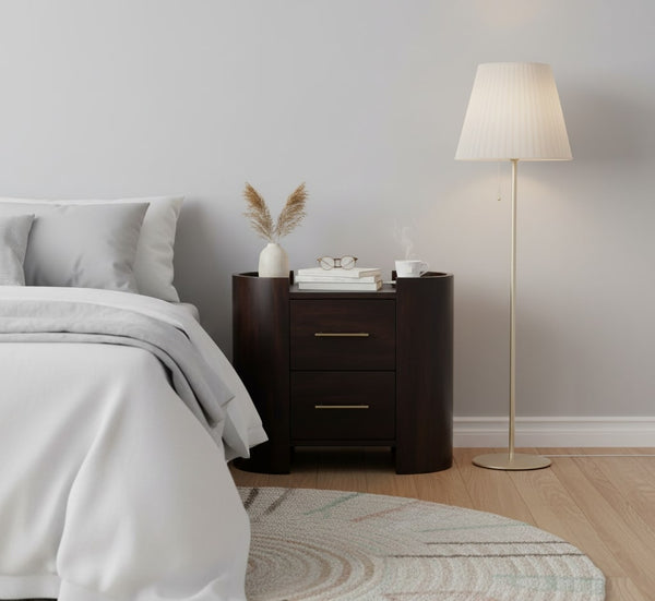 English Elm Artisan Solid Mango Wood Nightstand Curved Sculptural Design with Mocha Velvet Finish B182P431459