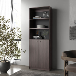 English Elm Stained Walnut 3-Tier Bookcase with 2 Doors — Rich Grain, Sturdy Wood Frame, Versatile Open & Closed Storage B062P323169