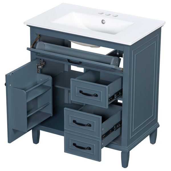 English Elm 30 Inch Freestanding Bathroom Vanity Solid Pine Cabinet Ceramic Sink Top Storage Blue Gray N725P412782C