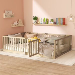 English Elm Twin Montessori Floor Bed Solid Rubber Wood with Safety Fence Rails Toddler Room W504P411200