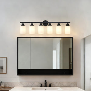 English Elm 6-light Matte Black Linear Wall Sconce White Glass Shades for Bedroom or Vanity W5008P389852