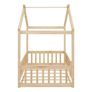 English Elm Twin Solid Pine House Bed Playhouse Frame with Fence Rail for Kids Rooms WF302176AAN