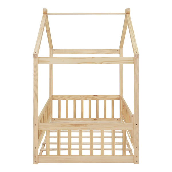 English Elm Twin Solid Pine House Bed Playhouse Frame with Fence Rail for Kids Rooms WF302176AAN
