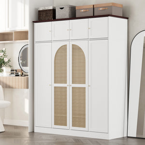 English Elm 70.87"tall Rattan Door Armoire Freestanding Wardrobe with Adjustable Shelves Hanging Rod White W757S00055