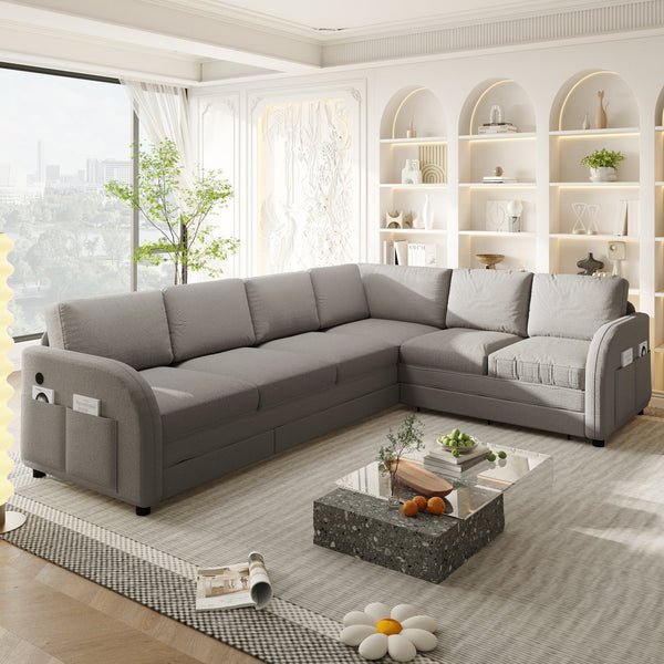 English Elm 115.2" Oversized Teddy Fabric Sectional Sleeper Sofa with Usb Ports and Modular Chaise Light Grey W1885S00317