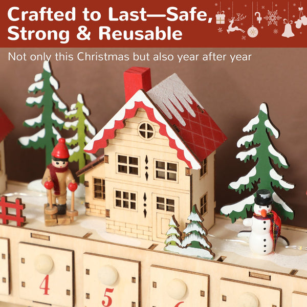 English Elm Christmas Village Advent Calendar 24 Drawer Wood Effect Display with Warm Led Glow T3971P381251