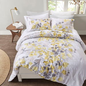 JLA Home Madison Park Essentials - Comforter modern botanical leaf print in yellow gray and cream with ultra-soft microfiber sheets and handy pocketed fitted sheet 90 L x 80 W x 1.5H CS10-1380