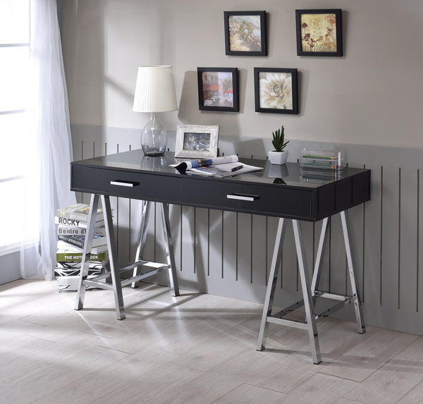 English Elm Coleen Sleek Black High-Gloss Writing Desk with Chrome Base, Built-In USB & Dual Drawers, Modern Home Office B2726P278572