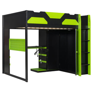 English Elm Full Size Loft Bed with Rgb Lighting Usb Charging Desk Wardrobe and Storage Shelves Green LT000387AAF