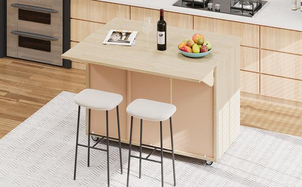 English Elm K&K Farmhouse Kitchen Island with 3D Wave Stripes Ash Veneer, Drop Leaf, Rolling Cart Storage Natural Wood N707P207916Y