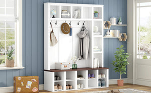 English Elm Farmhouse Hall Tree with Triple Arch Back Panel Eight Hooks Drawers and Entryway Bench N721S000044K-1