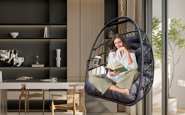 English Elm Swing Hammock Egg Chair with Wood-Grain Alloy Frame, UV-Resistant Rattan, Foldable 350lb Capacity Black W2707P184373