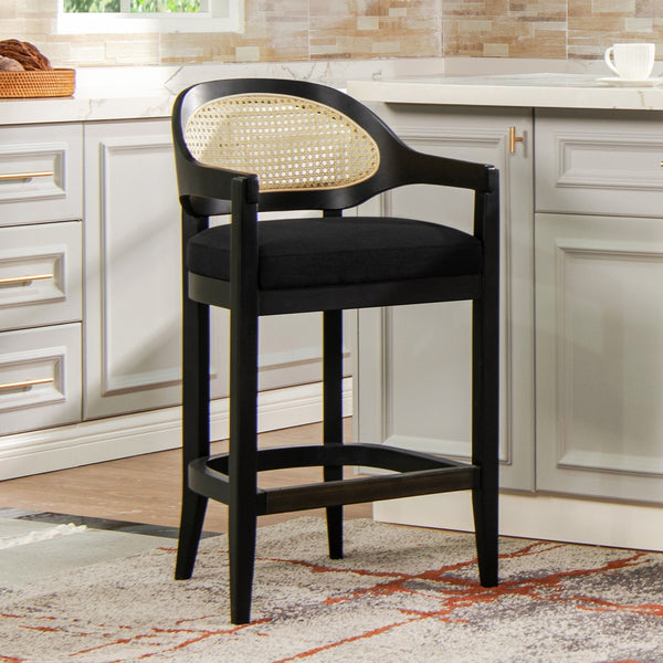 English Elm Jennifer Taylor Home - Americana Mid-Century Modern Cane Back Counter Stool - Elegant Jet Black Woven Design For Dining Spaces B2719P238382
