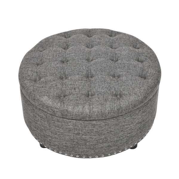 English Elm Tufted Linen Square Ottoman with Lift Top Storage Nailhead Trim Living Room Dark Gray B2748P481671