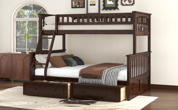 English Elm Twin Convertible Bunk Bed with Built-In Rolling Drawers and Solid Pine/MDF Frame, Space-Saving Durable Design Espresso N7090004020P