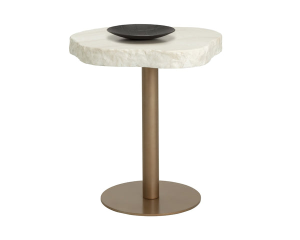 Sunpan DELMONT Bistro Table - Stylish 28" Faux Travertine Top with Antique Brass Base for Outdoor Elegance 112373